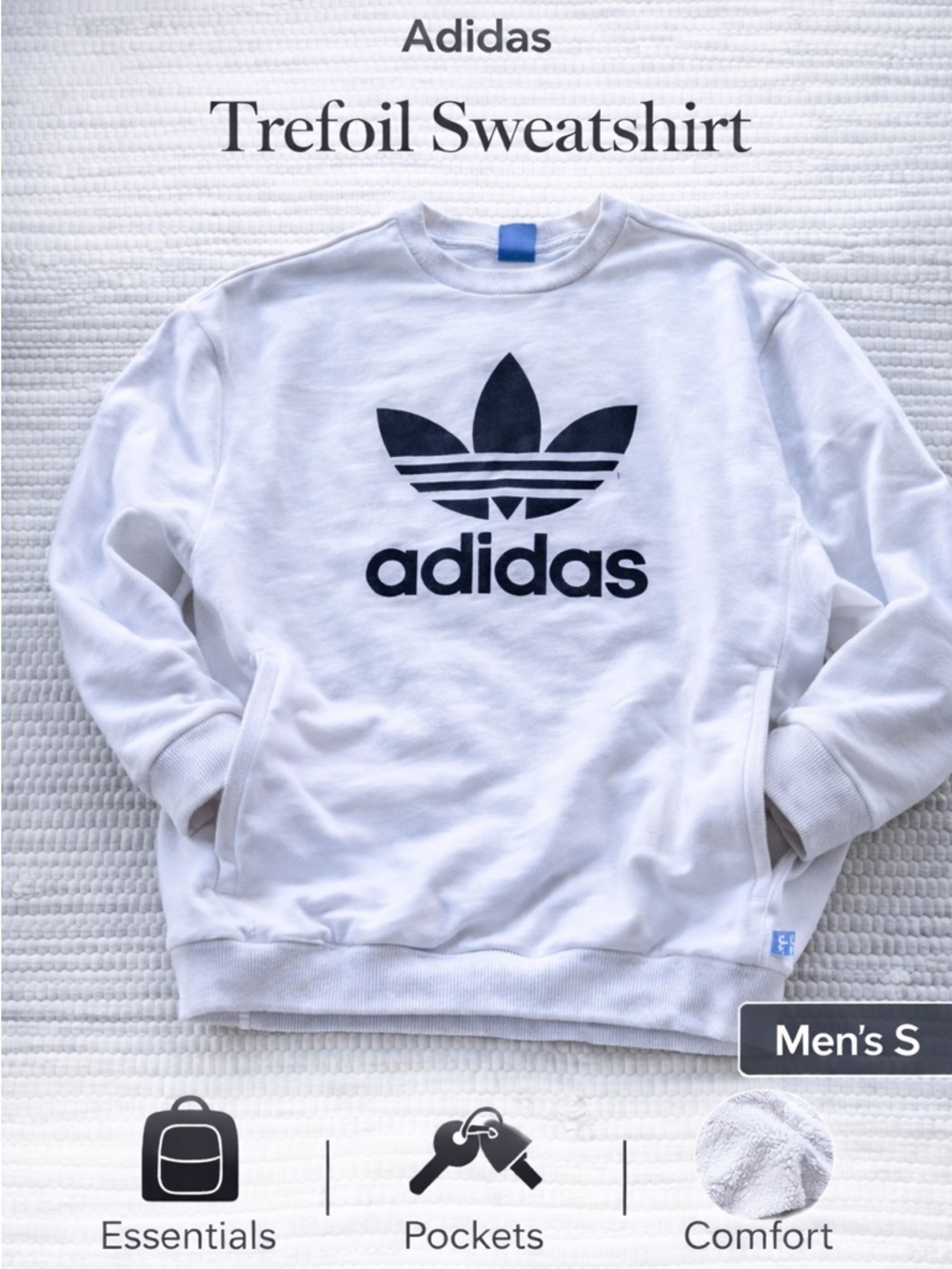 Adidas Trefoil Sweatshirt Pockets White Terry Crewneck Mens S Streetwear